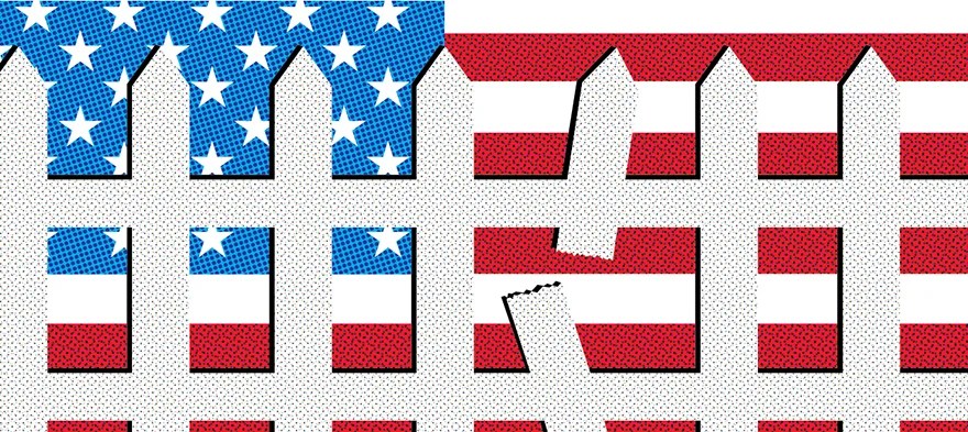 Illustration of broken white picket fence in front of U.S. flag.
